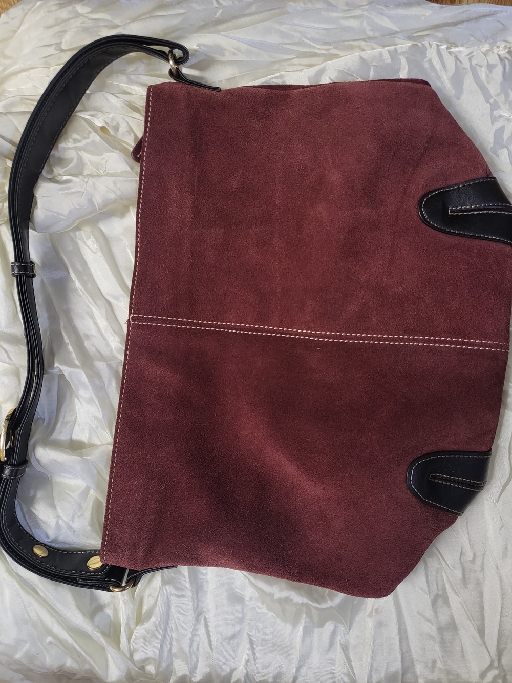 90s Suede Shoulder Bag in Burgundy with Black Trim